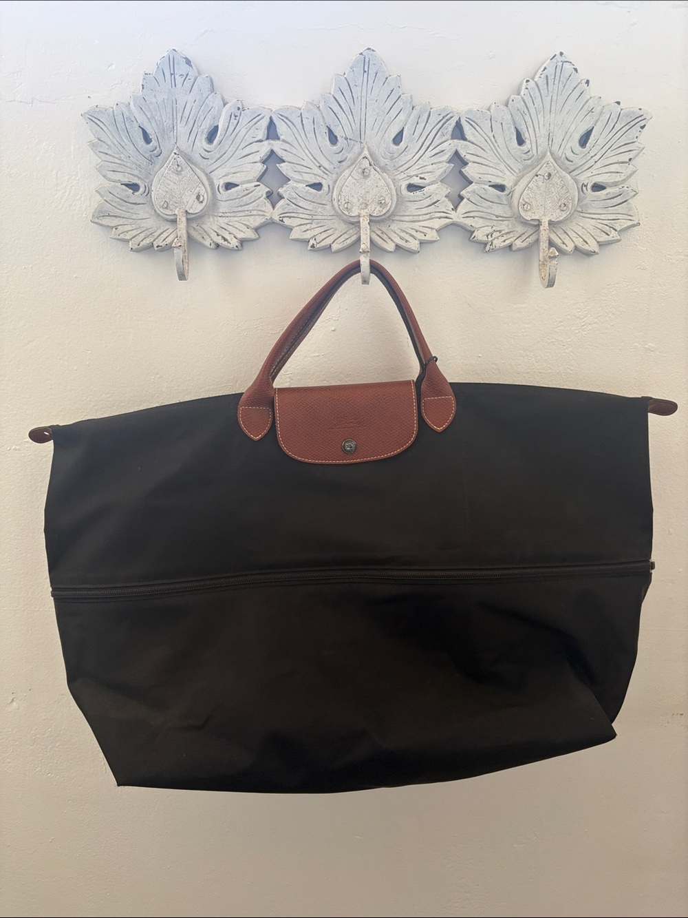 Longchamp Classic Foldable Travel Tote with Brown Leather Trim